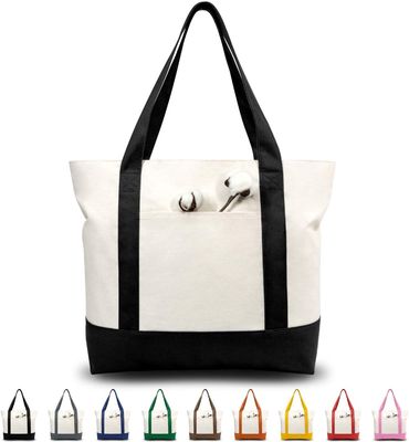 Zipper Closure Stylish Canvas Tote Bag With External Pocket Daily Essentials Black Natural