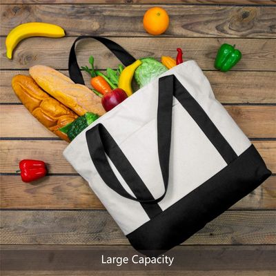 Zipper Closure Stylish Canvas Tote Bag With External Pocket Daily Essentials Black Natural