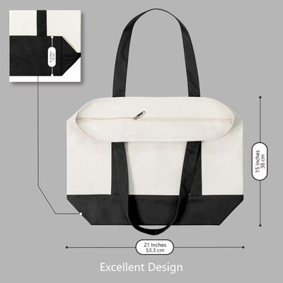 Zipper Closure Stylish Canvas Tote Bag With External Pocket Daily Essentials Black Natural
