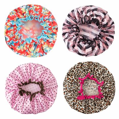 Women'S Waterproof Shower Caps Satin Double Layer Printed
