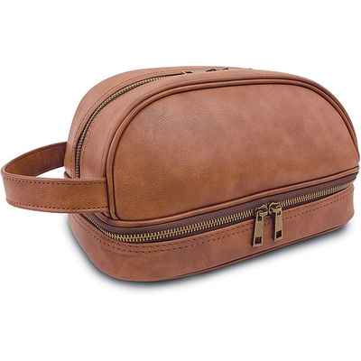 Brown Pu Leather Toiletry Makeup Bag Perfect Construction For Organize 500Pieces