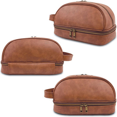 Brown Pu Leather Toiletry Makeup Bag Perfect Construction For Organize 500Pieces