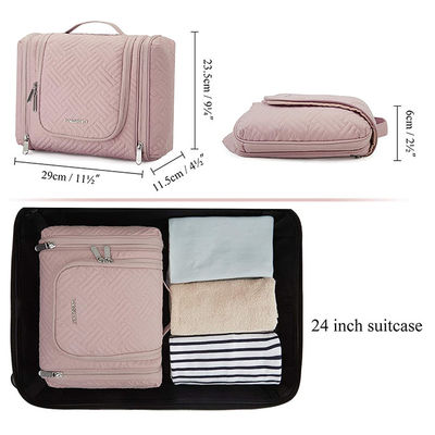Polyester Pink Toiletry Makeup Bag / Travel Toiletry Organizer With Hanging Hook Water Resistant