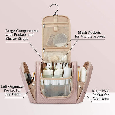 Polyester Pink Toiletry Makeup Bag / Travel Toiletry Organizer With Hanging Hook Water Resistant