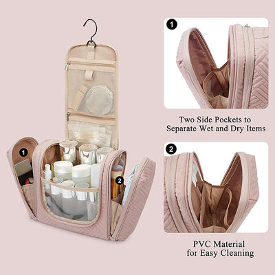 Polyester Pink Toiletry Makeup Bag / Travel Toiletry Organizer With Hanging Hook Water Resistant