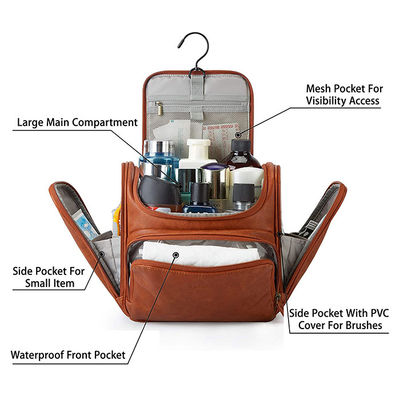 Travel Toiletry Bag With Hanging Hook / Water Resistant Leather Large Dopp Kit Bag
