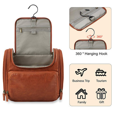 Travel Toiletry Bag With Hanging Hook / Water Resistant Leather Large Dopp Kit Bag