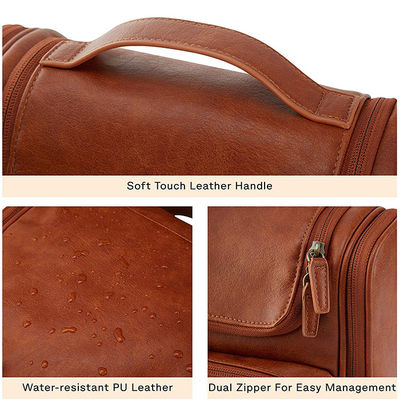 Travel Toiletry Bag With Hanging Hook / Water Resistant Leather Large Dopp Kit Bag