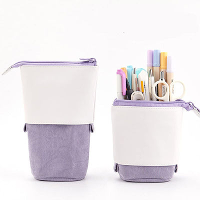 Telescopic Stationery Zipper Pencil Cases , Purple PU Corduroy Pencil Case