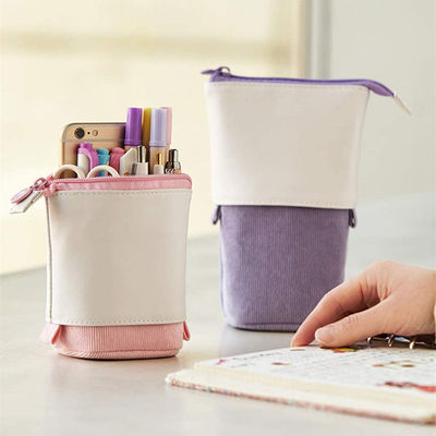 Telescopic Stationery Zipper Pencil Cases , Purple PU Corduroy Pencil Case
