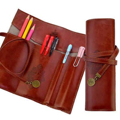Brown Zipper Pencil Cases Makeup Bag , AZO Vintage Style Rollup Pencil Case