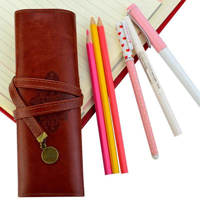 Brown Zipper Pencil Cases Makeup Bag , AZO Vintage Style Rollup Pencil Case