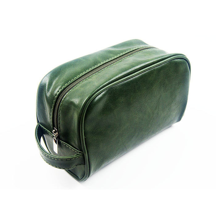 Blackish Green Mens Waterproof Toiletry Bag / Full Grain Leather Dopp Kit With Handle