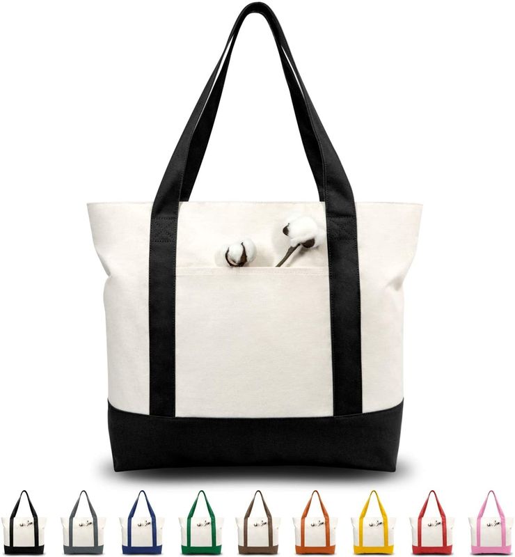 Zipper Closure Stylish Canvas Tote Bag With External Pocket Daily Essentials Black Natural