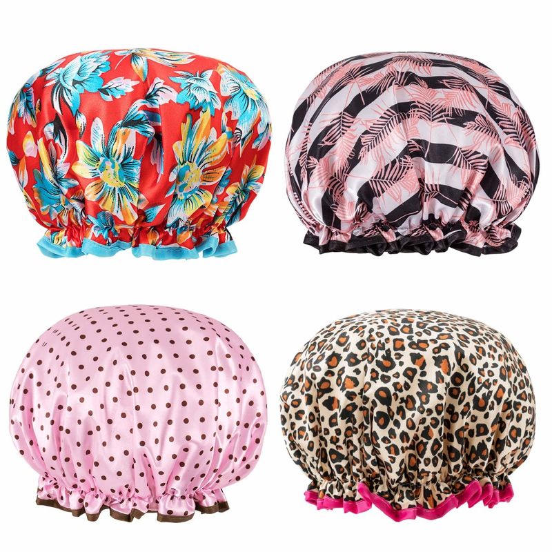 Women'S Waterproof Shower Caps Satin Double Layer Printed
