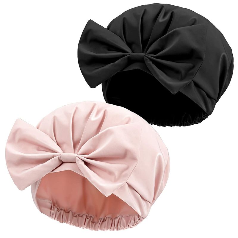 Reusable Waterproof Shower Turban Pink Black Bowknot Extra Large Bouffant Shower Caps