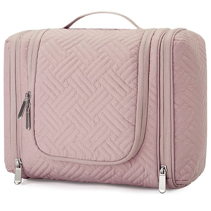 Polyester Pink Toiletry Makeup Bag / Travel Toiletry Organizer With Hanging Hook Water Resistant